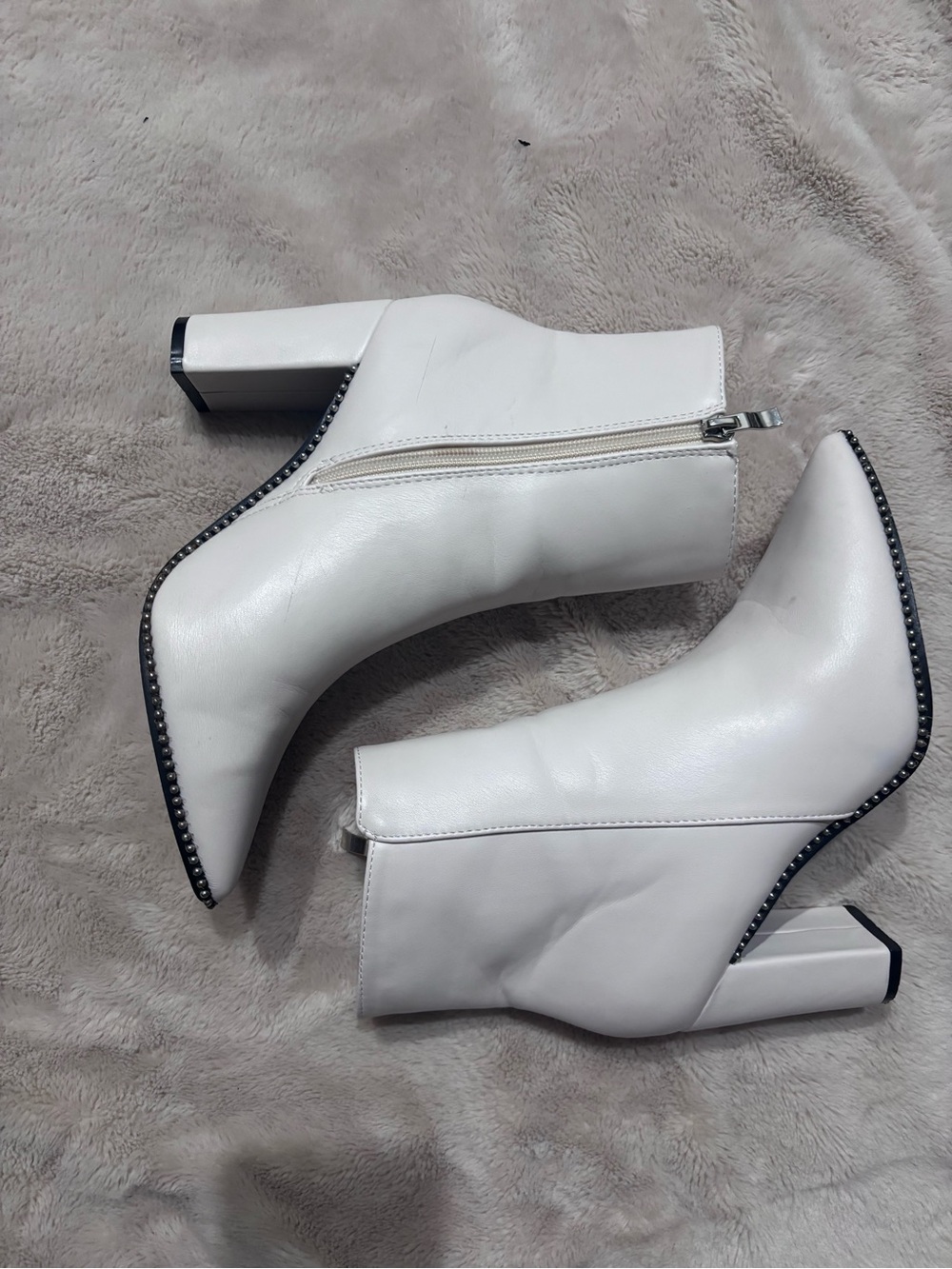 White Women's Leather Ankle Boots with Stud Trim